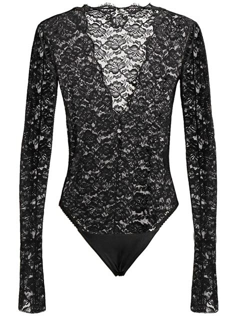 BALENCIAGA Nylon Blend Lace V Neck Bodysuit Balenciaga