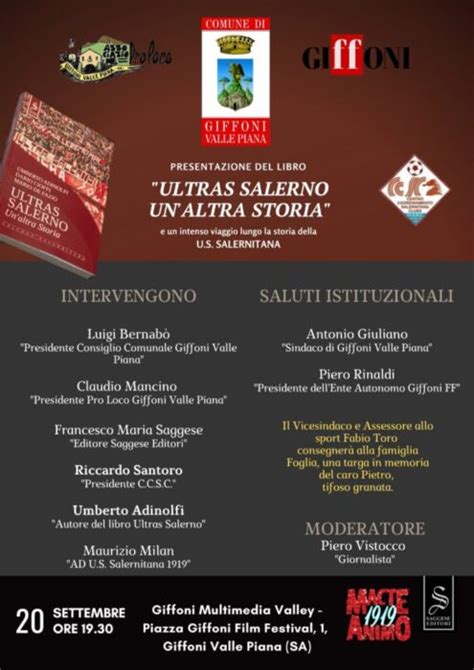 DOMANI A GIFFONI VALLE PIANA LA PRESENTAZIONE DEL LIBRO ULTRAS SALERNO