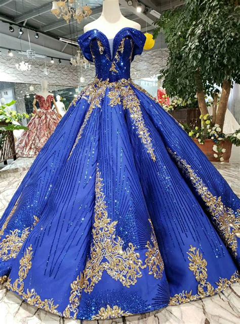 Royal Blue Ball Gown Sequins Off the Shoulder Long Wedding Dress