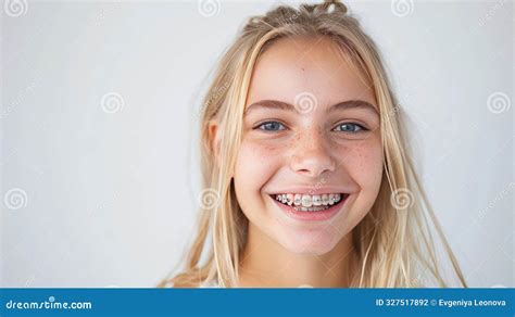 Blonde Teen With Orthodontic Braces Smiling Half Face Portrait On White Background Stock