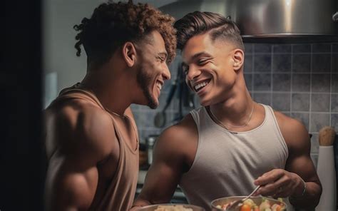 Feliz Y Sexy Pareja Gay Joven Cocinando Comida Juntos En Casa Foto Premium