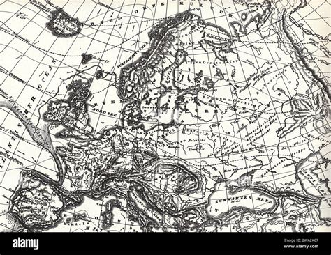 An Historic Black And White Physical Map Of Europe On A White