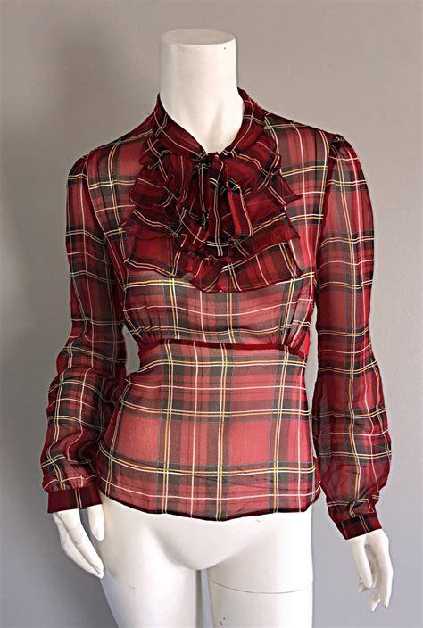 1990s Vintage Betsey Johnson Tartan Plaid Tuxedo Ruffle Silk Blouse W