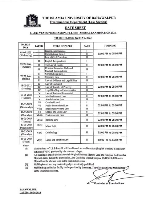 Date Sheet LLB 3 Years Part I II And III To Be Held In May 2023