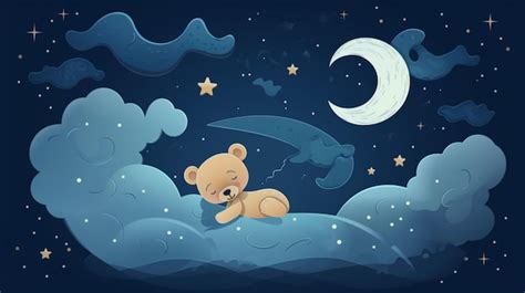 Um Urso De Desenho Animado Dormindo Em Uma Nuvem Uma Lua E Estrelas