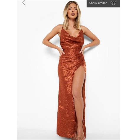 Boohoo Satin Cowl Neck Ruched Maxi Dress In Rust Depop