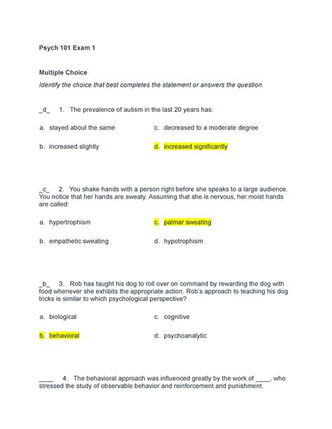 Psych 101 Exam 1 Psych 101 Exam 1 Multiple Choice Identify The Choice