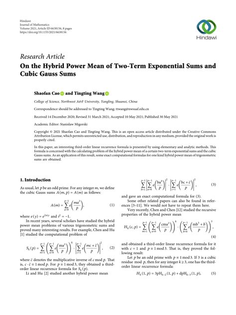 Pdf On The Hybrid Power Mean Of Two Term Exponential Sums And Cubic