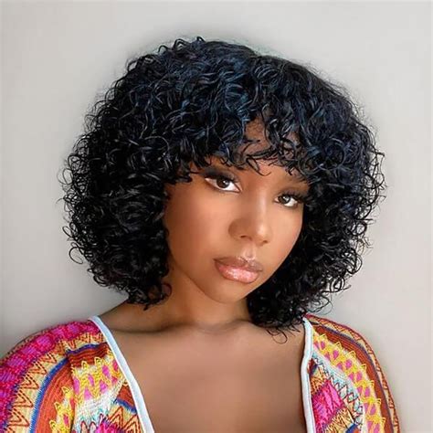 Besteffie Short Curly Wigs With Bangs Water Wave Wig Human Hair Wigs