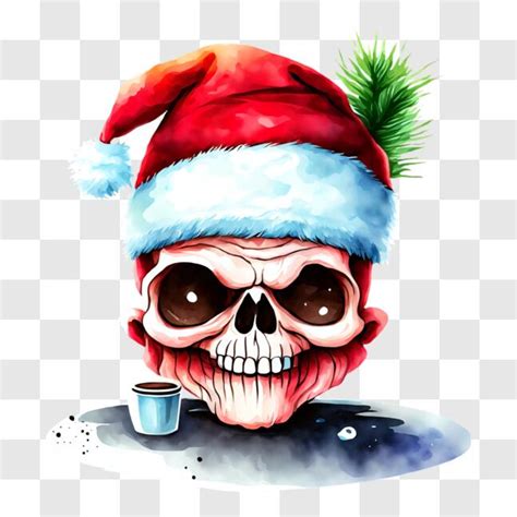 Descarga Calavera sonriente con sombrero de Santa tomando café PNG En