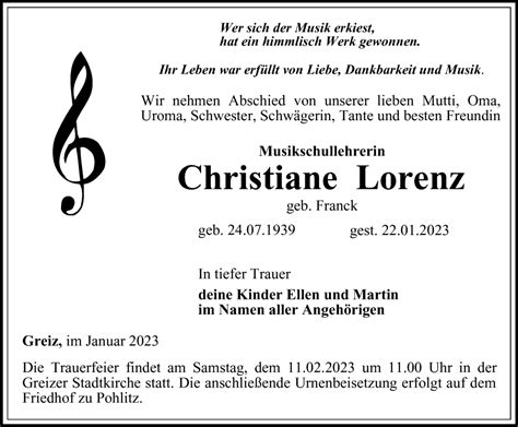 Traueranzeigen Von Christiane Lorenz Trauer In Thueringen De