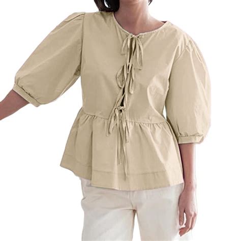 Women Puff Short Sleeve Peplum Shirts Tie Front Ruffle Hem Blouse Tops