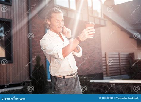 Handsome Blonde Haired Businessman Meeting His Neighbor In The Morning Stock Image Image Of