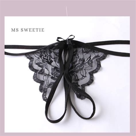 Ready Stock Sexy Lingerie Transparent Open Crotch Panties Lace Underwear Lace Bow Ribbon Women