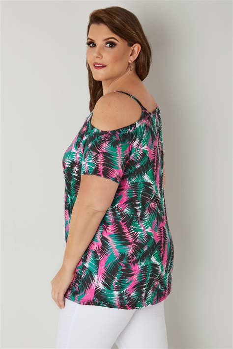 Pink And Green Tropical Leaf Print Cold Shoulder Jersey Top Plus Size 16 To 36