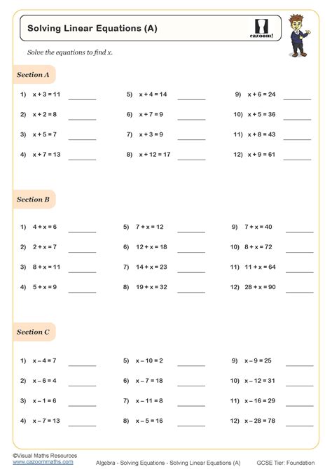 Solving Linear Equations (A) Worksheet | Cazoom Maths Worksheets - Worksheets Library