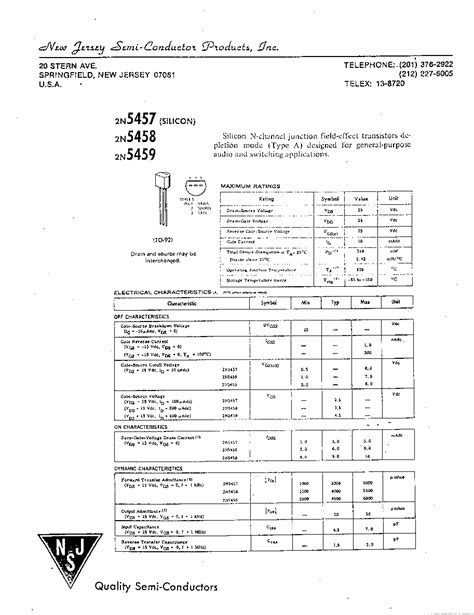 2N5458 Datasheet 1 1 Pages NJSEMI SILICON N CHANNEL JUNCTION FIELD