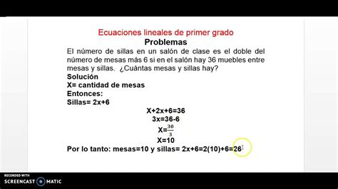 Solucion De Problemas Con Ecuaciones Lineales Ejemplo 5 Youtube 7A6