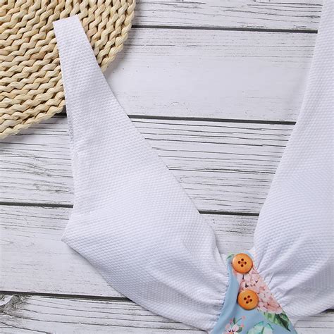Free Shipping One Piece Swimsuit Sexy Backless Swimwear Female Deep V Neck Flower Bikini White