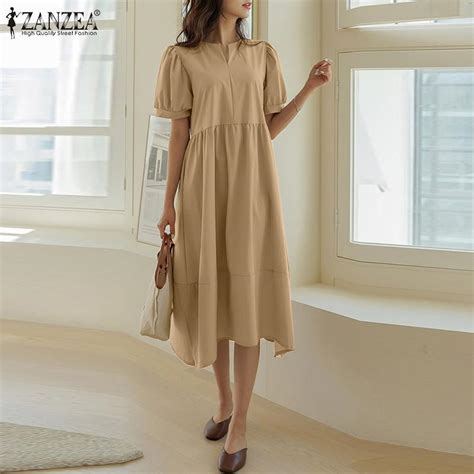ZANZEA Женское летнее плиссированное однотонное свободное платье с ...