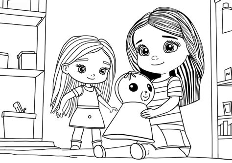 Dibujo Para Colorear De 2 Niñas Jugando En Su Habitación Con Una Marioneta