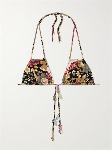 Chloé Embellished Floral Print Triangle Bikini Top Black Editorialist