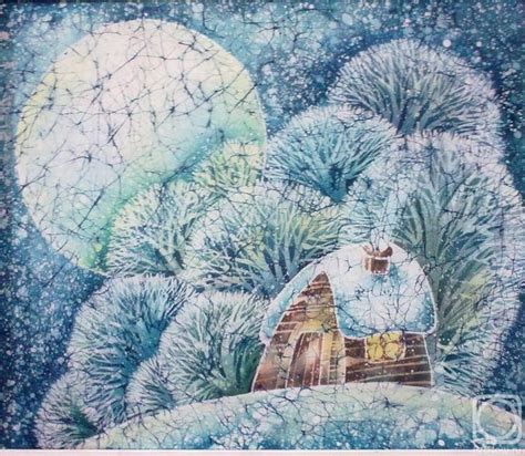 a painting of a house in the woods with snow on it and trees around it