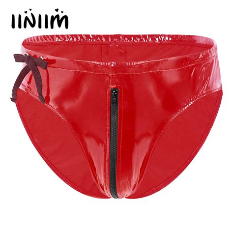 Mens Wet Look Patent Leather Underpants Underwear Drawstring Low Waist Zipper Briefs Lingerie