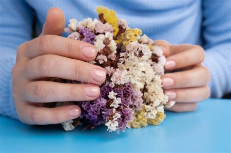 Stylish Nude Beige Female Nails On Blue Background Modern Trendy Stylish Beautiful Manicure