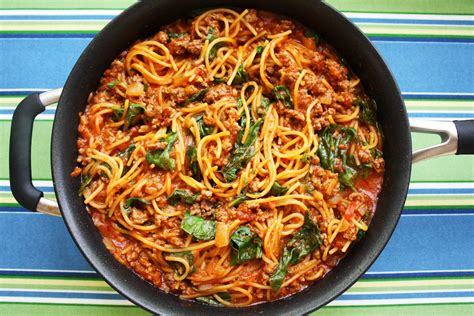 Easy One Pan Spaghetti Spinach Meat Sauce Jenny Can Cook