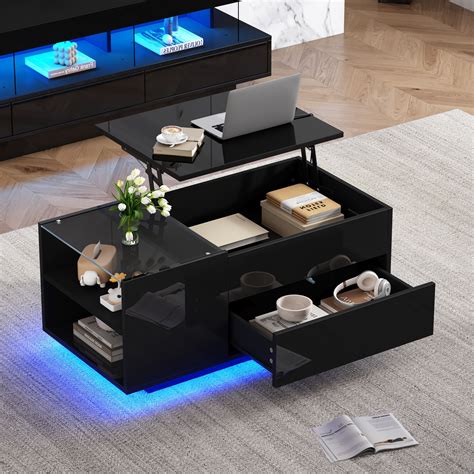 Mesa de centro 95 cm negro brillo con tapa elevable, LED RGB