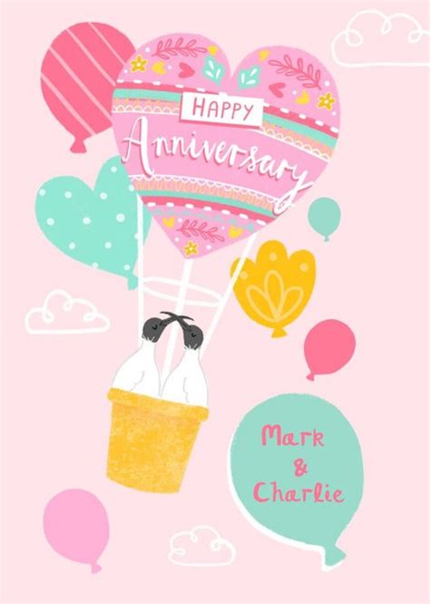 Millicent Venton Customisable Illustrated Heart Hot Air Balloon Anniversary Card Moonpig