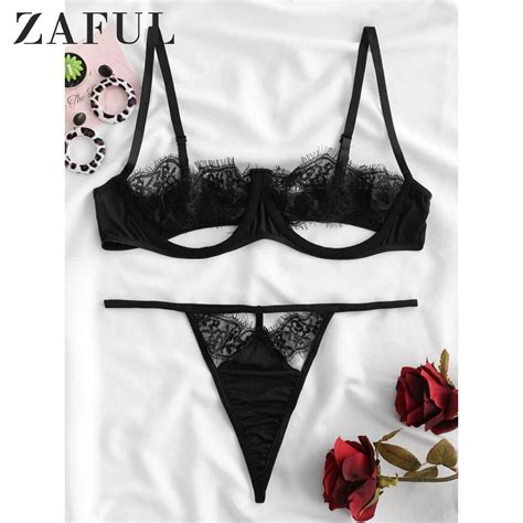 Zaful Underwire Lace Eyelash Lingeries Set Unlined Bra Full Cup Black Sexy Lingeries Adjusted