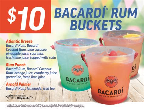 $10 bacardi bucket applebees. A 1-ounce serving of Bacardi white rum has no carbohydrates, fats or protein. It has 69 calories, which comes exclusively from the beverage’s alcohol content. The serving also contains 8 milligrams of sodium. 