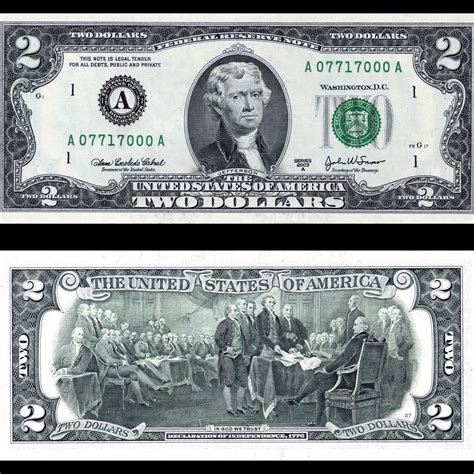 999-001 Vintage Official First Day of Issue 1976 Bicentennial Two Dollar $2 Bill with 13cent stamp dated in commemoration of Thomas Jefferson's birthdate April 13, 1976 Philadelphia, PA (mounted on 9-1/2" x 6-1/2" backing with historical notations on backside. Bears engraving of Thomas Jefferson from portrait painted by Gilbert Stuart in early 1800s.. 