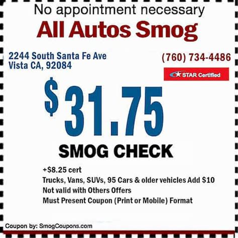 $31.75 Smog Coupon Vista (760) 734-4486 San Marcos