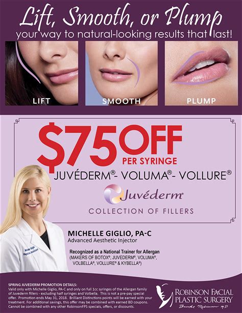 $75 off juvederm. $75 off the Juvederm collection of fillers. The Juvederm collection of fillers include: Voluma, Vollure, Volbella, Volux, Juvederm Ultra Plus, and Juvederm Ultra. Each syringe of Juvederm filler earns 200 Alle points up to 6 syringes/day. When treated with both Juvederm & Botox on the same day, get double treatment points through April 1st, 2023. 