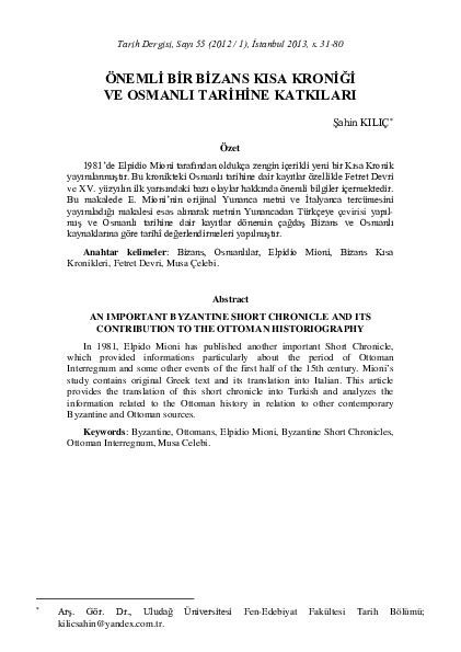 (PDF) Önemli Bir Bizans Kısa Kroniği ve Osmanlı Tarihine. 