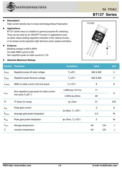 (PDF) BT137 Datasheet - 8A TRIAC