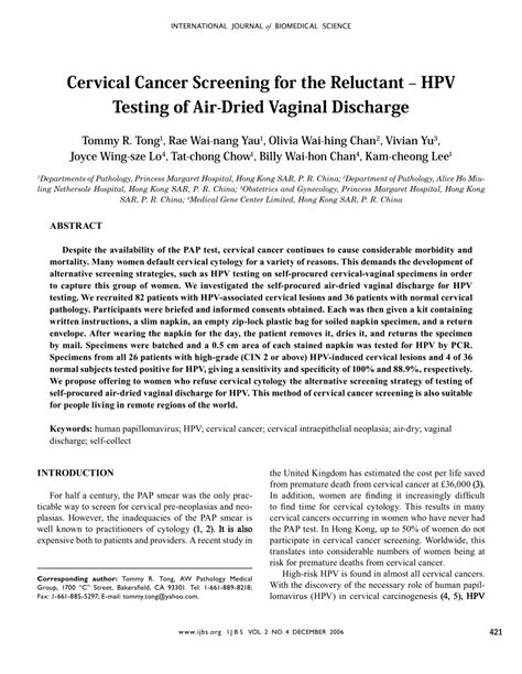 (PDF) Cervical Cancer Screening for the Reluctant HPV Testing of Air
