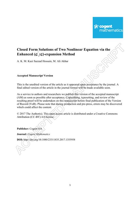 (PDF) Closed form solutions of two equation via the enhanced