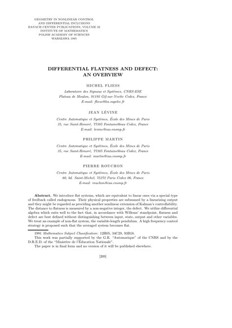 (PDF) Differential flatness and defect An overview