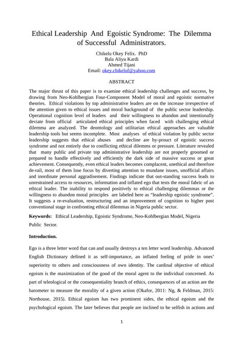 (PDF) Ethical Leadership And Egoistic Syndrome: The Dilemma of ...