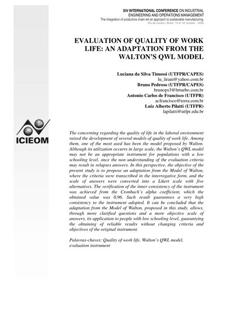 (PDF) Evaluation of quality of work life: an adaptation from the Walton …