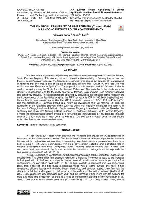 (PDF) Financial Feasibility of Lime Farming (C. aurantifolia) in ... - raincitystudios.com