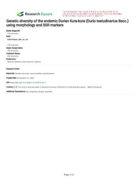 (PDF) Genetic diversity of the endemic Durian Kura-kura (Durio ... - raincitystudios.com