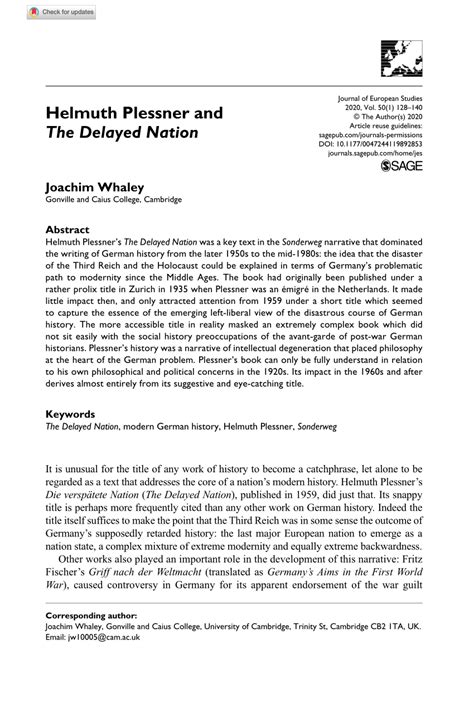 (PDF) Helmuth Plessner and The Delayed Nation - ResearchGate