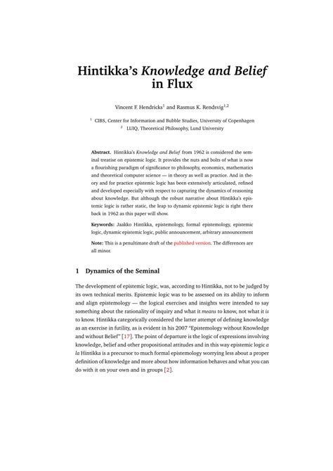 (PDF) Hintikka’s Knowledge and Belief in Flux - ResearchGate