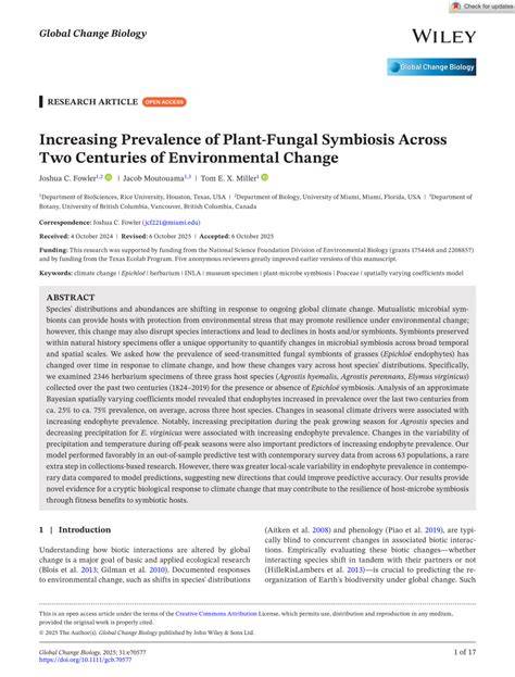 (PDF) Increasing Prevalence of Plant‐Fungal Symbiosis Across Two ... - raincitystudios.com