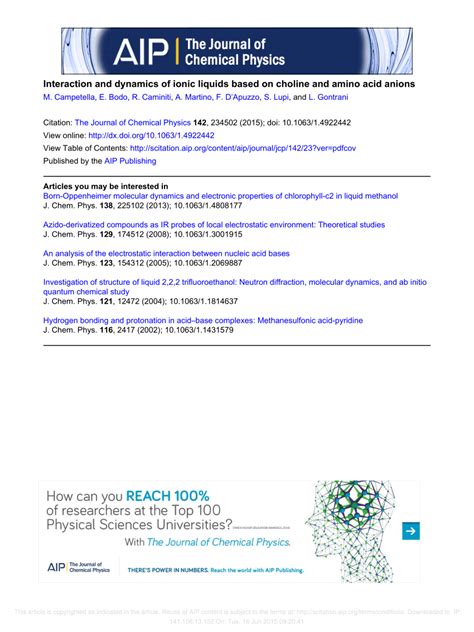 (PDF) Interaction and dynamics of ionic liquids based on choline …